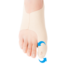 Load image into Gallery viewer, Foot with bunion correction device and blue arrows indicating movement
