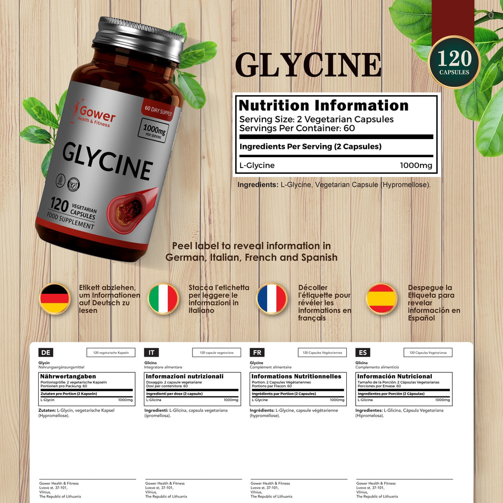 Glycine supplement bottle with nutrition information on a wooden background