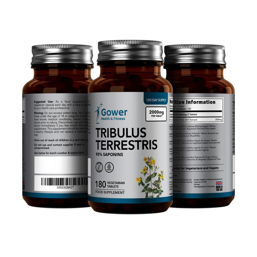 Three bottles of Gower Health & Fitness Tribulus Terrestris supplement on a white background