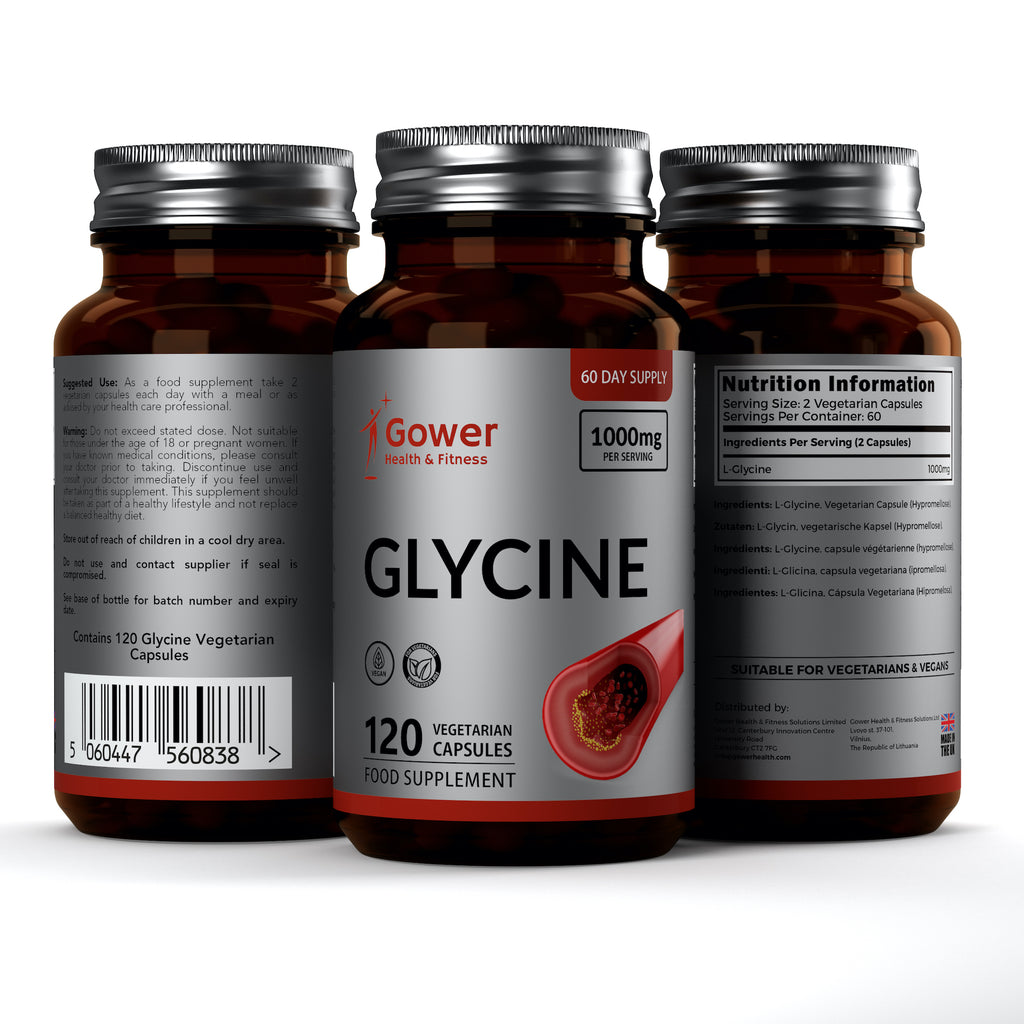 Three bottles of Gower Health & Fitness Glycine capsules on a white background