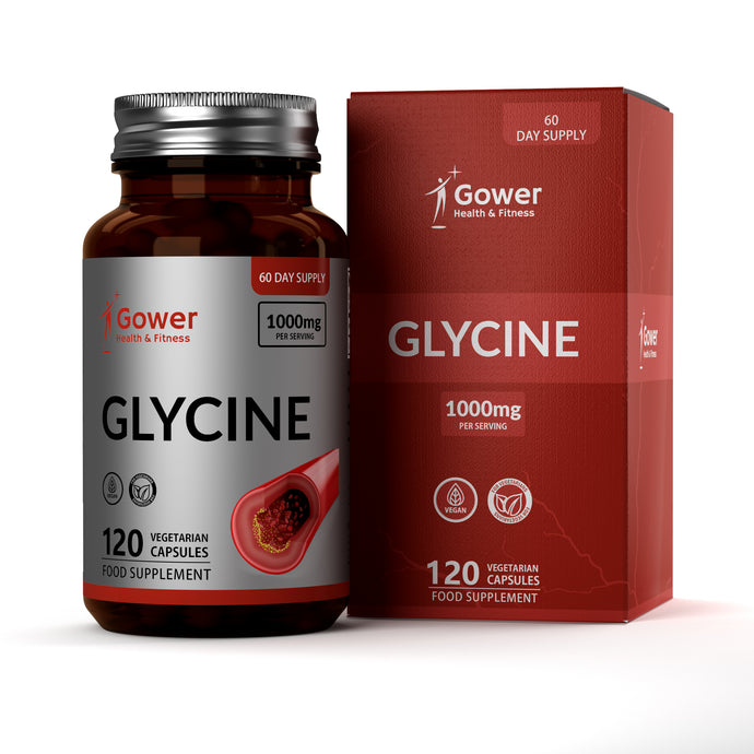 Glycine supplement bottle and packaging with Gower Health & Fitness branding on a white background