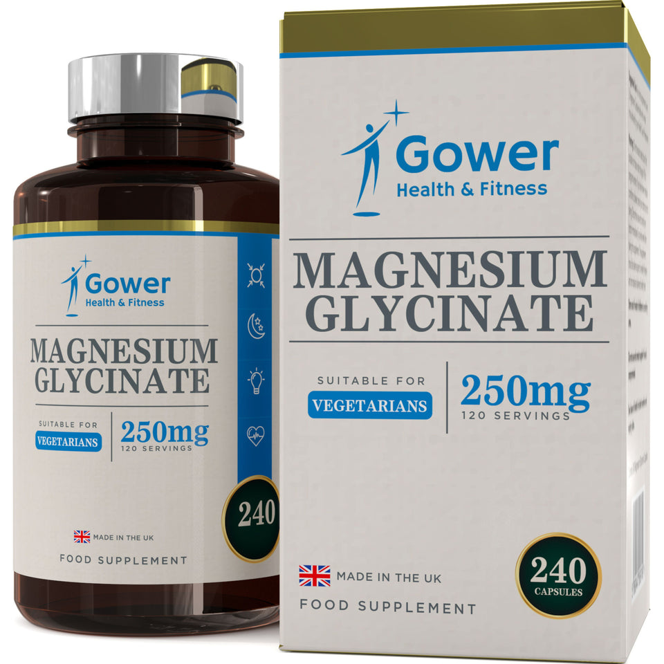Gower Health & Fitness Magnesium Glycinate supplement bottle and packaging on a white background